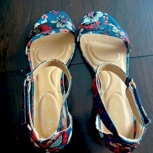 Teal Flower Ankle Strap Block-Heel